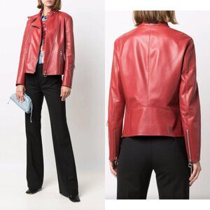 $4500 Salvatore Ferragamo Red Leather Moto Zip Jacket size IT 40/4